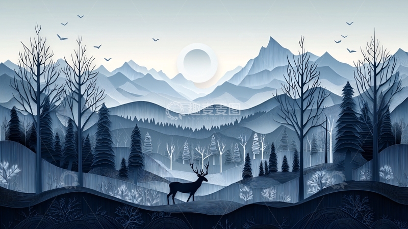 高清大图下载【趣麦麦图】蓝色山脉鹿风景画
