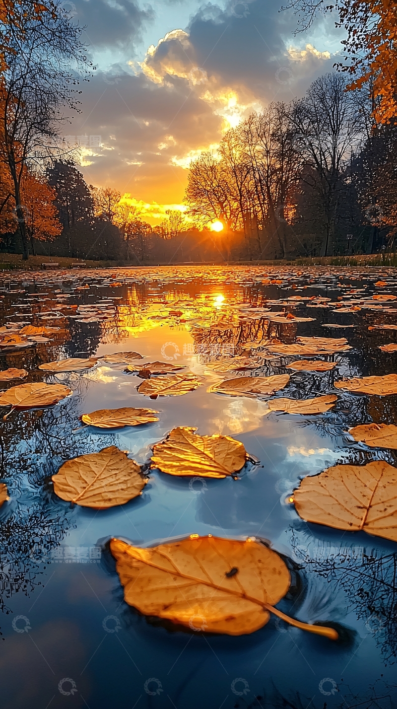 高清大图下载【趣麦麦图】秋日落日湖面景色