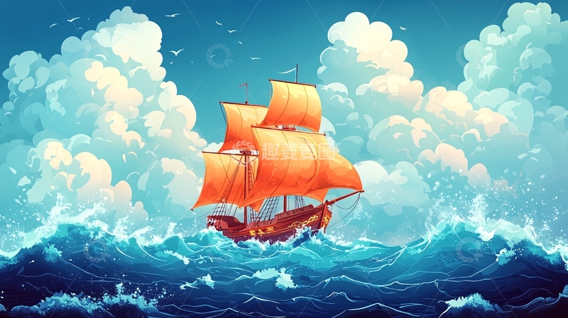 高清大图下载【趣麦麦图】航海时代帆船在大海中航行