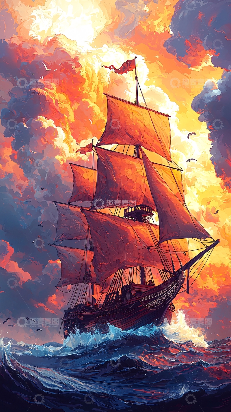 高清大图下载【趣麦麦图】夕阳下红色的帆船