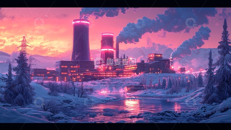 高清大图下载【趣麦麦图】极光下的雪地工厂