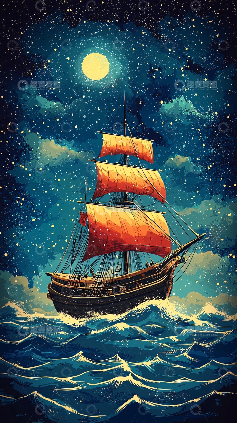 高清大图下载【趣麦麦图】星空大海帆船
