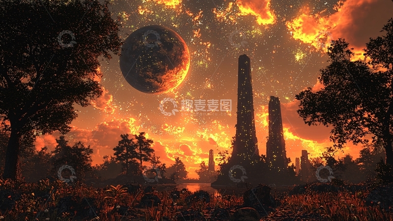 高清大图下载【趣麦麦图】燃烧天空下的奇异星球