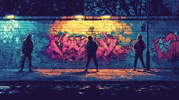 夜晚涂鸦墙前三人剪影