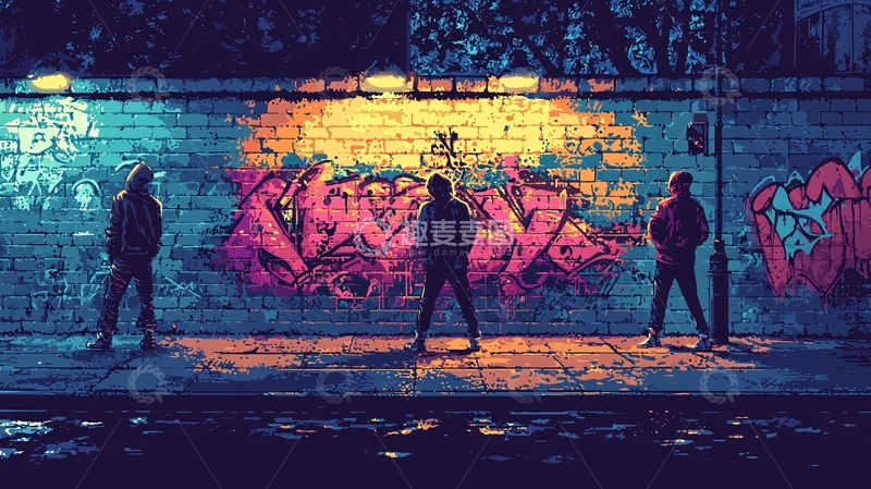 高清大图下载【趣麦麦图】夜晚涂鸦墙前三人剪影