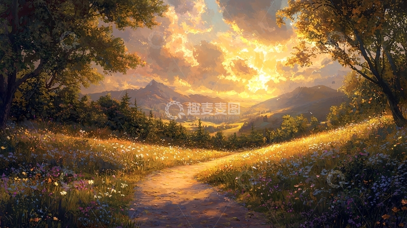 高清大图下载【趣麦麦图】金色夕阳下的田园小路