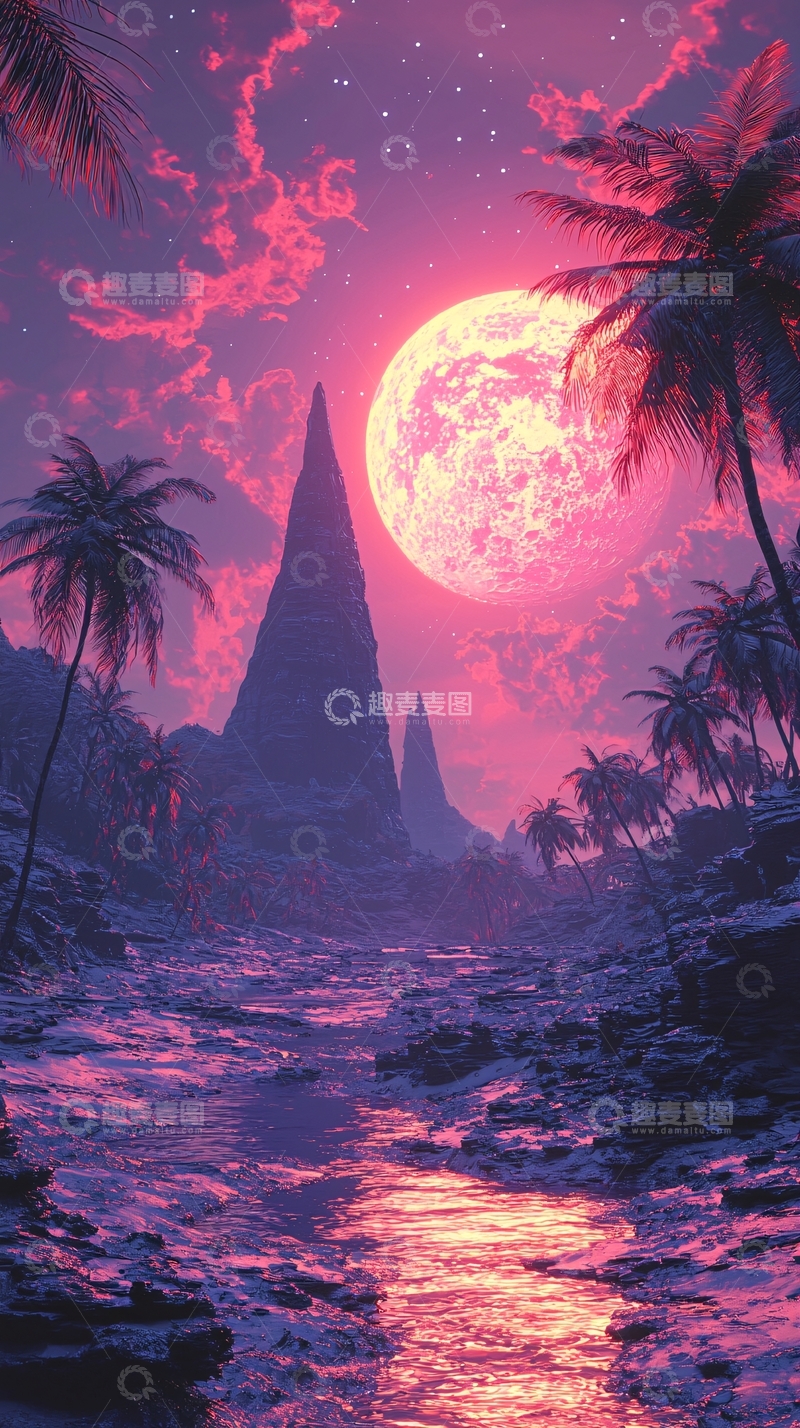 高清大图下载【趣麦麦图】粉色月夜热带风光