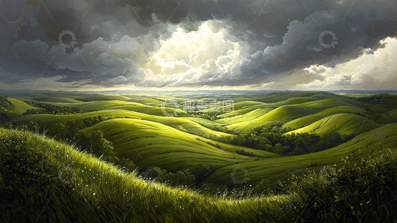 高清大图下载【趣麦麦图】阳光普照的绿色山丘