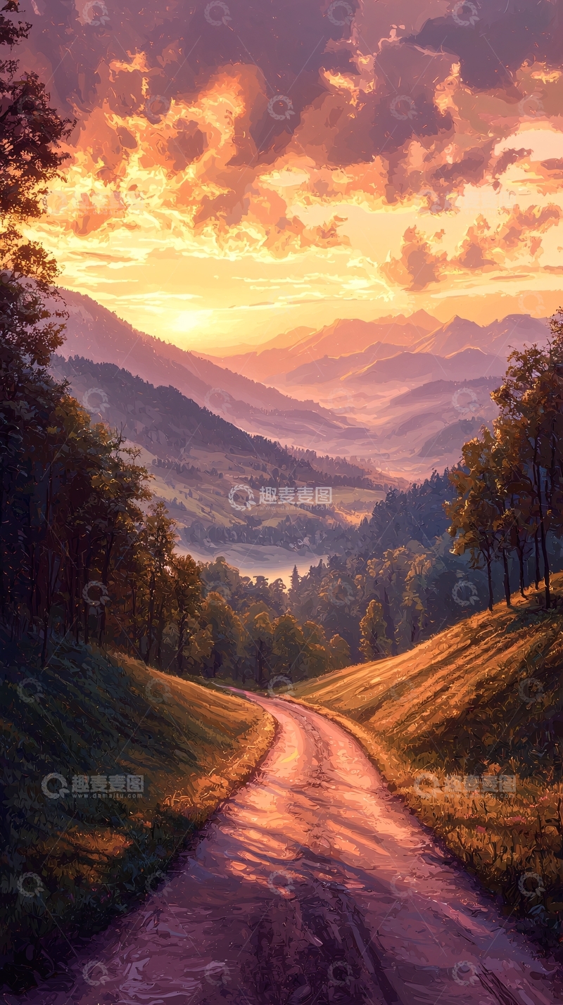 高清大图下载【趣麦麦图】蜿蜒山路的日落美景