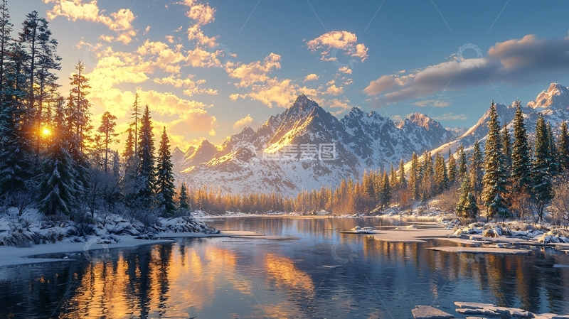 高清大图下载【趣麦麦图】雪山日落湖泊景色