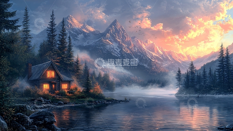 高清大图下载【趣麦麦图】山间小屋湖边日落