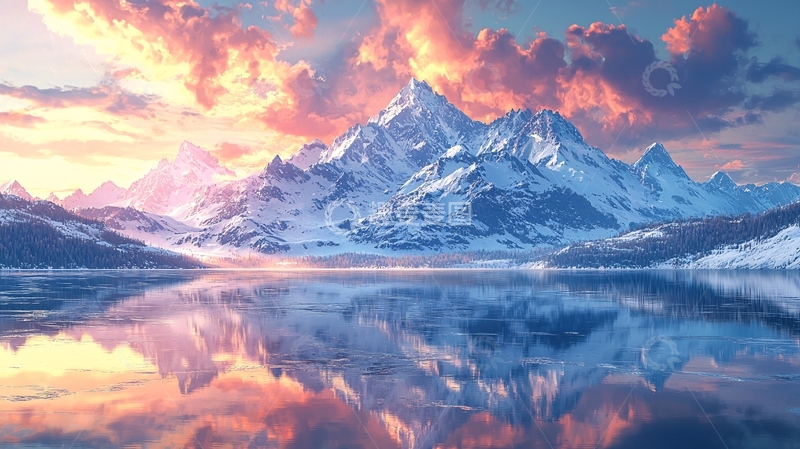 高清大图下载【趣麦麦图】雪山日出倒影