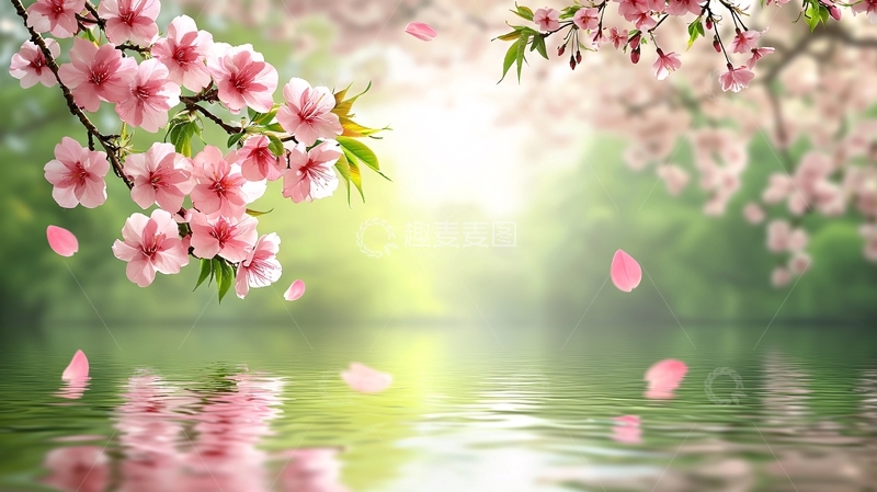 高清大图下载【趣麦麦图】粉嫩樱花倒映水面