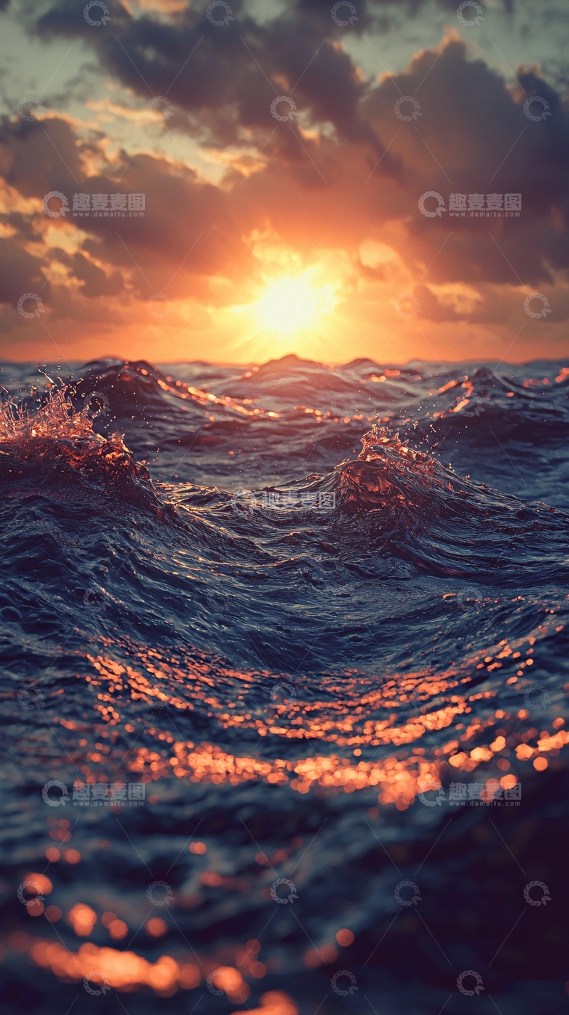 高清大图下载【趣麦麦图】日落海浪汹涌的海洋
