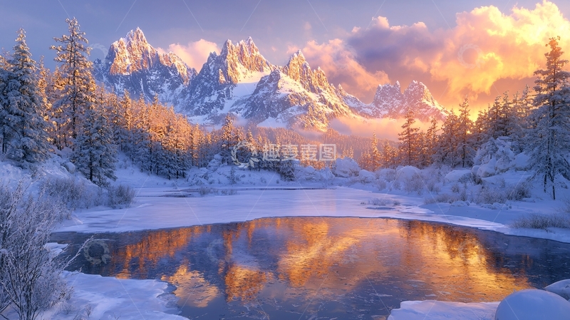 高清大图下载【趣麦麦图】雪山日落湖泊倒影
