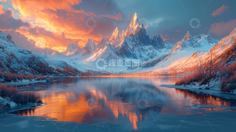 高清大图下载【趣麦麦图】雪山日落湖泊倒影