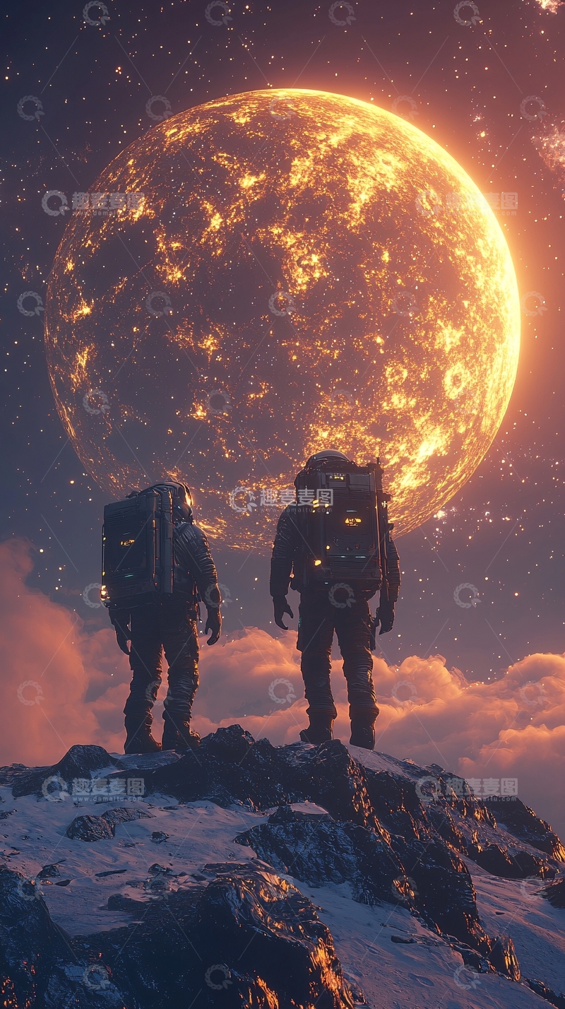 高清大图下载【趣麦麦图】太空宇航员凝望巨大星球