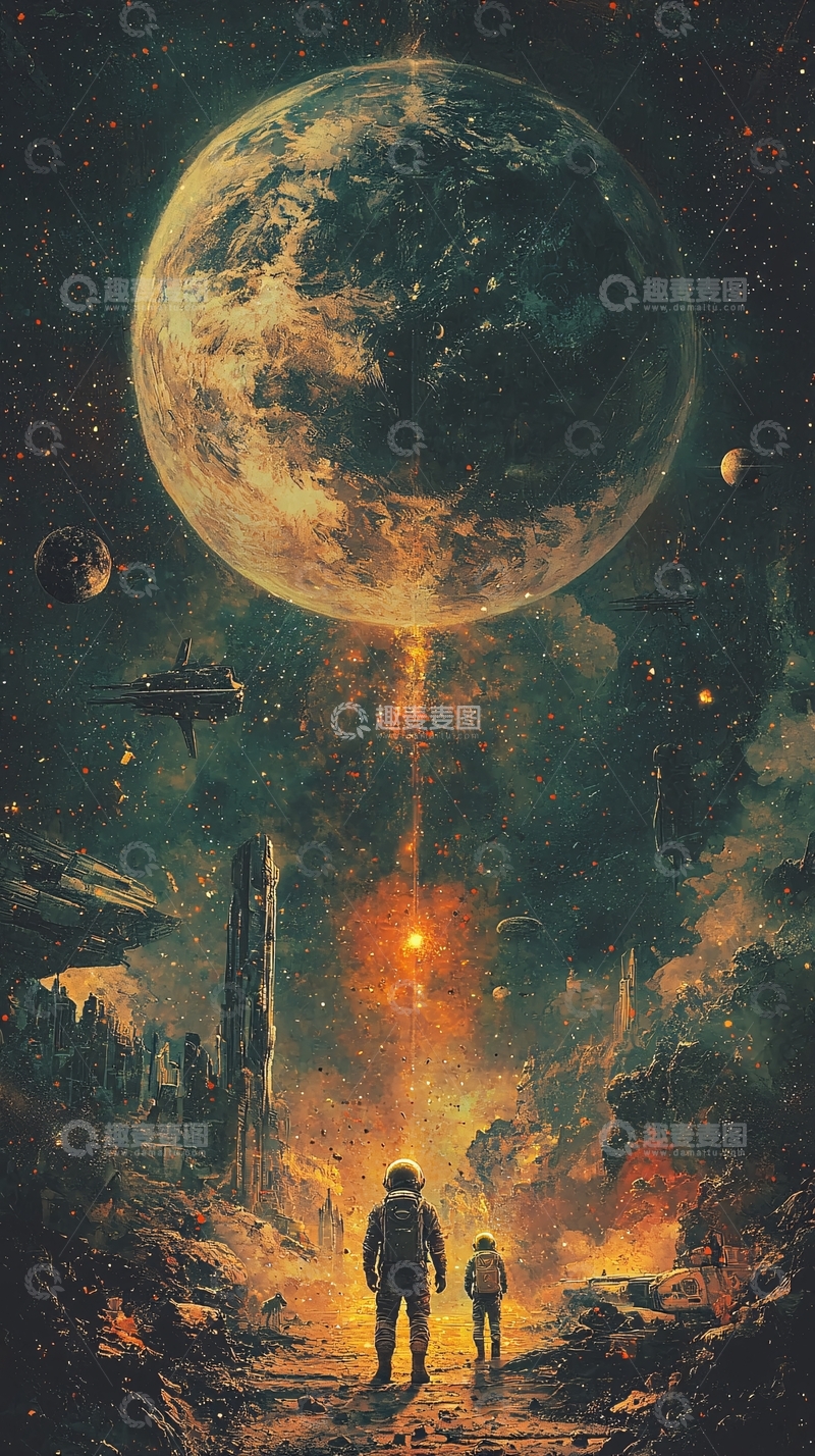 高清大图下载【趣麦麦图】太空宇航员远眺巨大星球