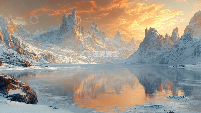 高清大图下载【趣麦麦图】雪山日落湖泊倒影