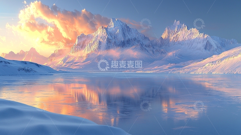 高清大图下载【趣麦麦图】雪山日出湖面倒影