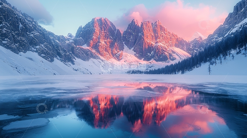 高清大图下载【趣麦麦图】雪山湖泊日出景色