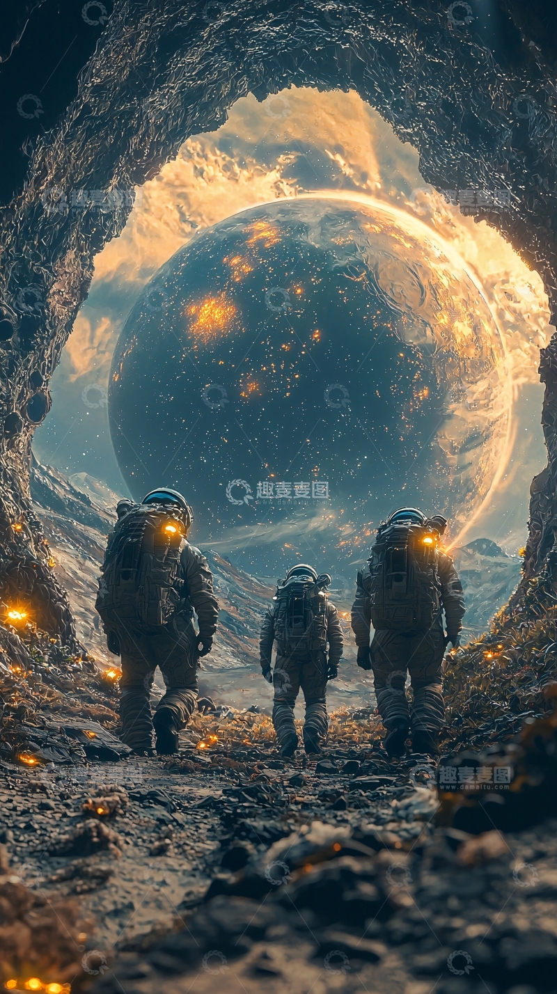 高清大图下载【趣麦麦图】宇航员洞穴星球景色