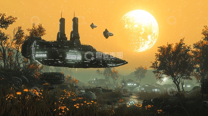 高清大图下载【趣麦麦图】未来飞船日落景象