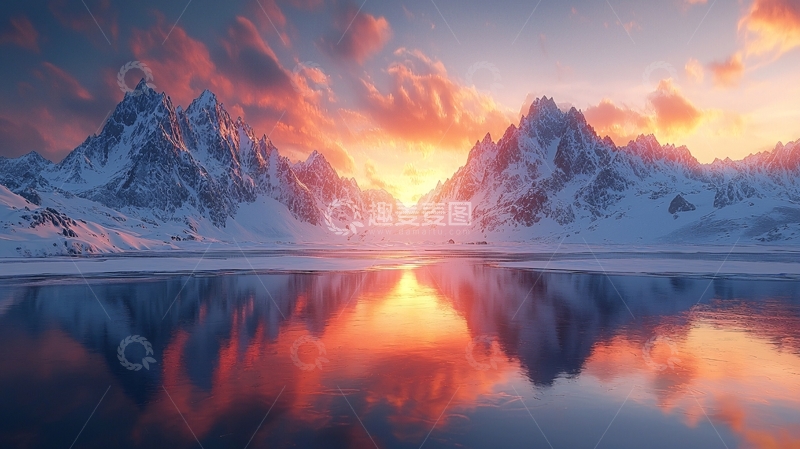 高清大图下载【趣麦麦图】雪山日落湖泊倒影