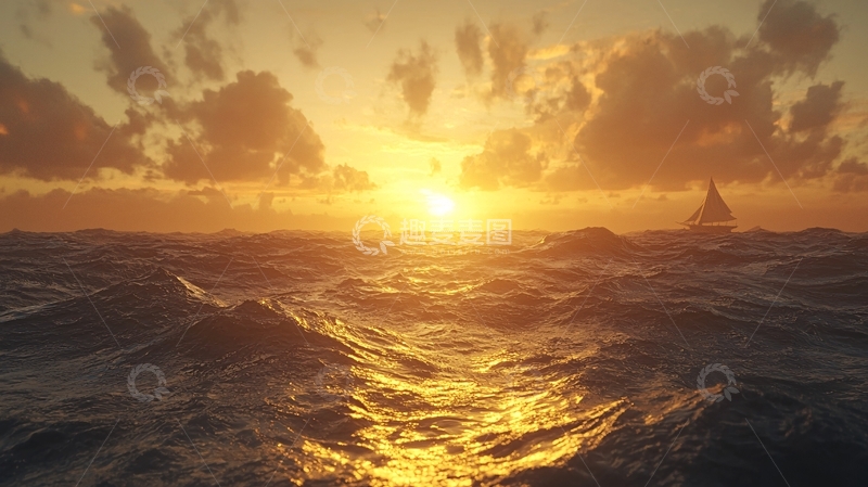 高清大图下载【趣麦麦图】夕阳西下海浪滔天