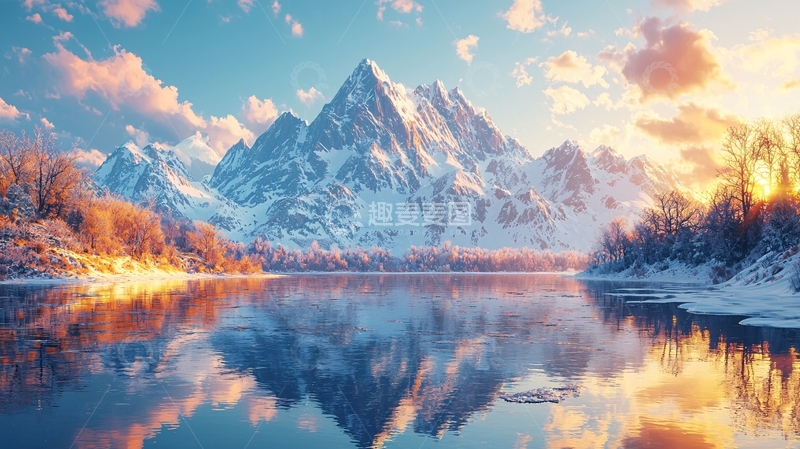 高清大图下载【趣麦麦图】雪山湖泊日出景色