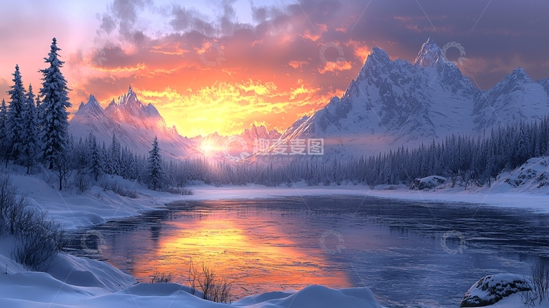 高清大图下载【趣麦麦图】雪山日落湖泊