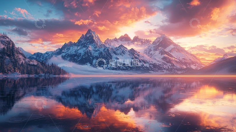 高清大图下载【趣麦麦图】雪山日落湖泊倒影