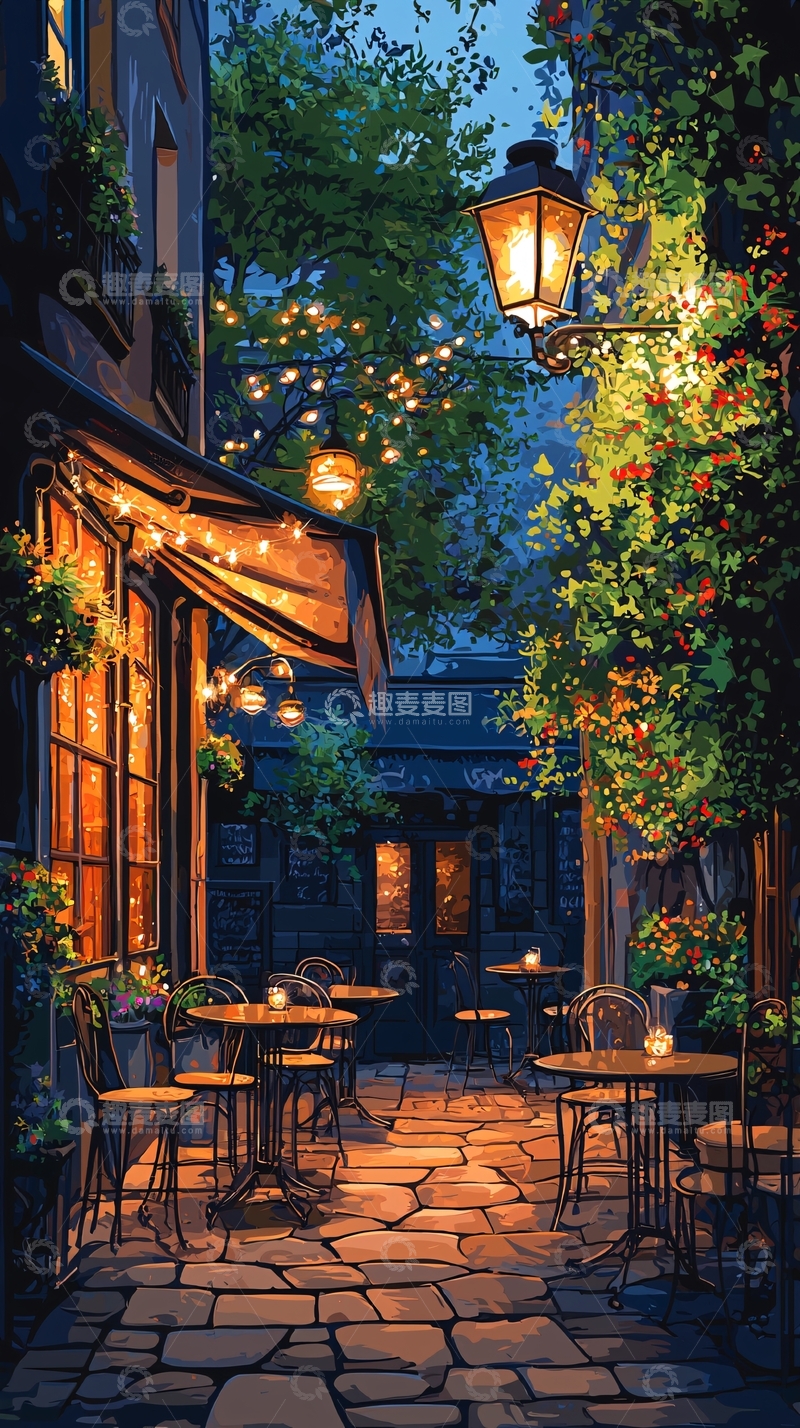 高清大图下载【趣麦麦图】夜晚街景咖啡馆
