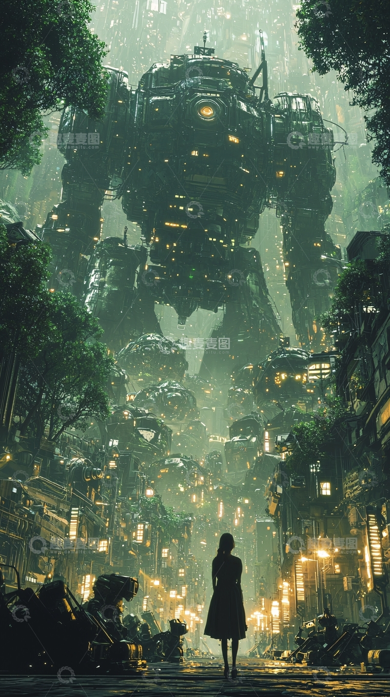 高清大图下载【趣麦麦图】巨型机甲与女孩的城市