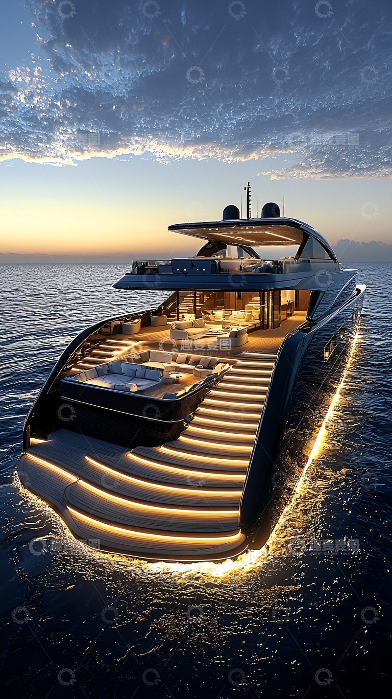 高清大图下载【趣麦麦图】夜幕下奢华游艇甲板夜景