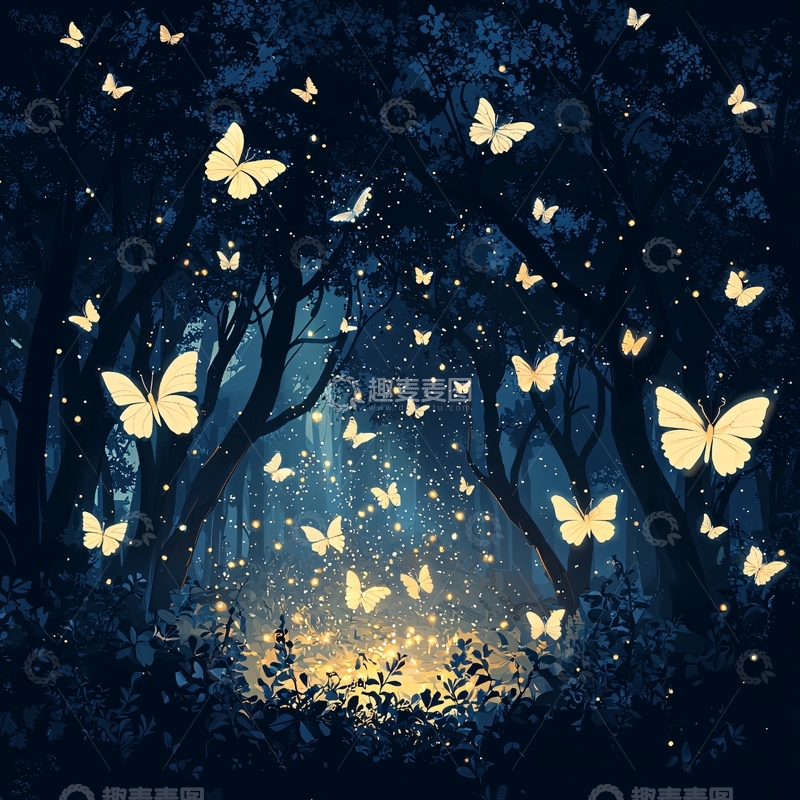 高清大图下载【趣麦麦图】夜色森林萤火虫蝴蝶