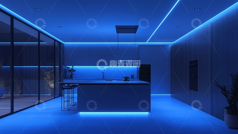 高清大图下载【趣麦麦图】现代简约蓝色灯光厨房