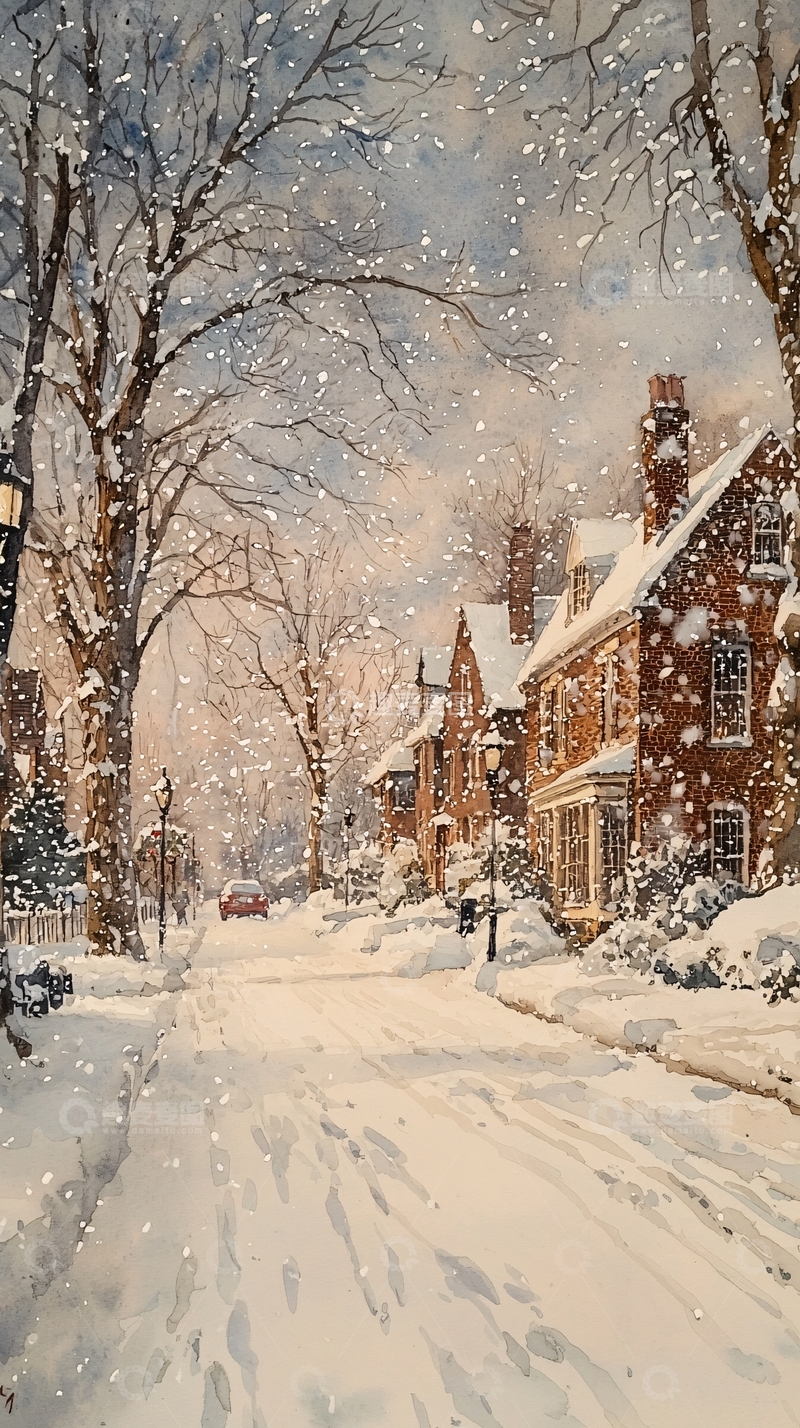 高清大图下载【趣麦麦图】冬日雪景街道房屋