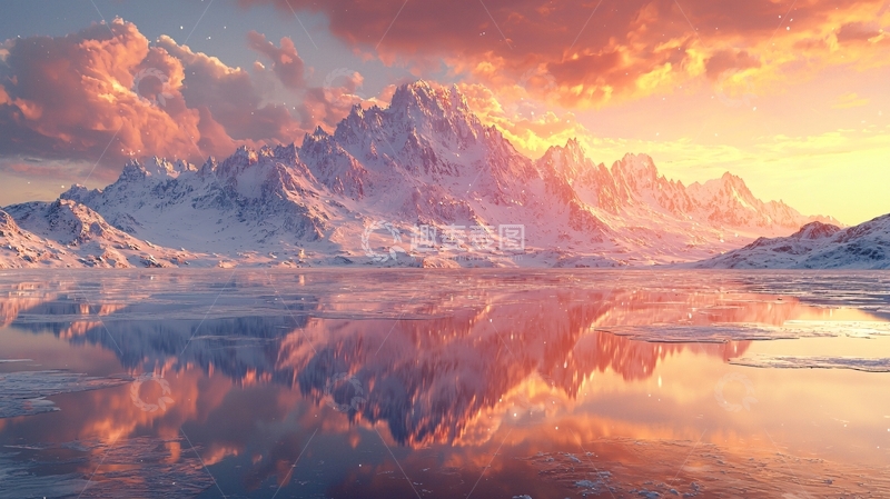 高清大图下载【趣麦麦图】雪山湖泊日落美景