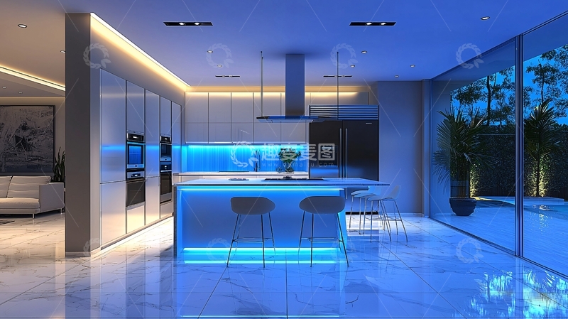 高清大图下载【趣麦麦图】现代化蓝色灯光厨房