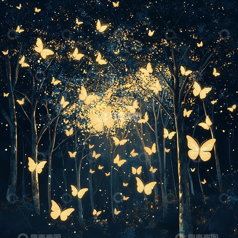 高清大图下载【趣麦麦图】萤火虫蝴蝶森林夜景