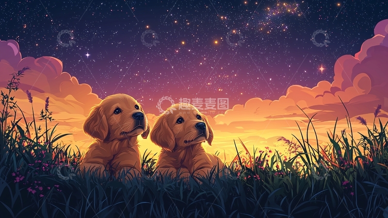 高清大图下载【趣麦麦图】两只小狗仰望星空