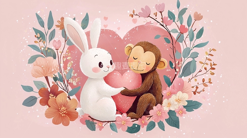 高清大图下载【趣麦麦图】兔子与猴子爱心图