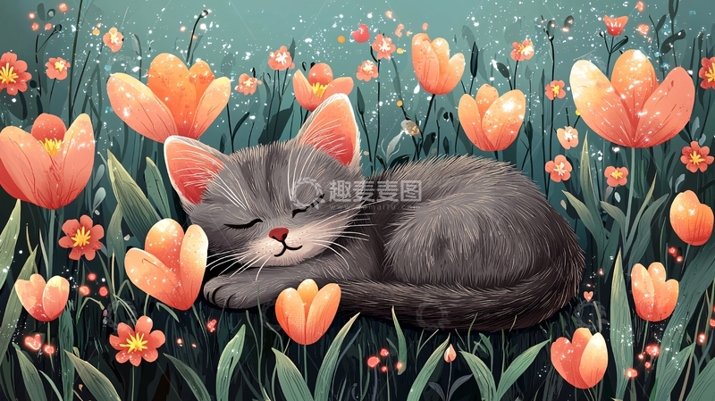 高清大图下载【趣麦麦图】花丛中的小猫睡觉
