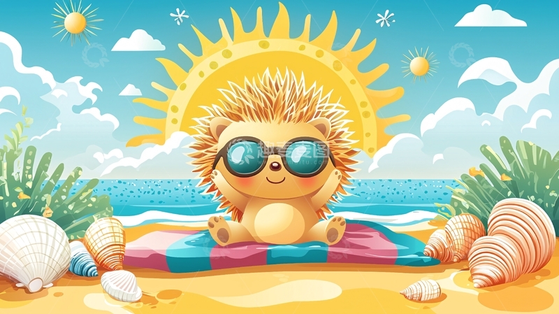 高清大图下载【趣麦麦图】可爱刺猬海滩度假