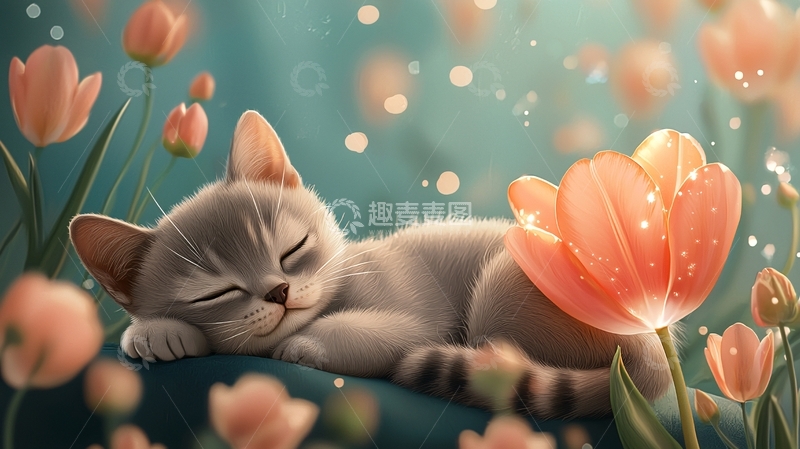 高清大图下载【趣麦麦图】小猫睡在郁金香花丛中