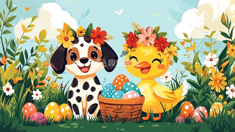 高清大图下载【趣麦麦图】卡通狗狗小鸡复活节彩蛋