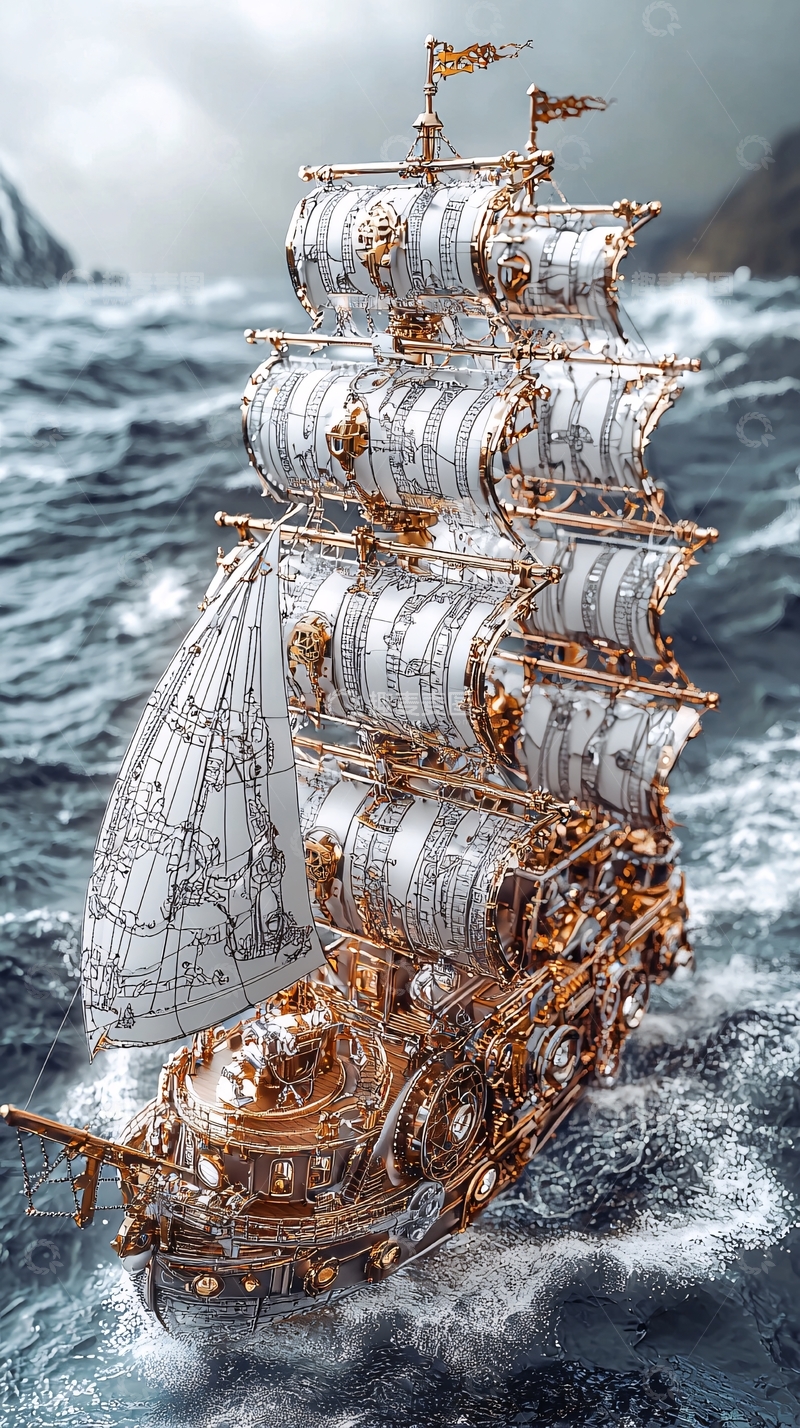 高清大图下载【趣麦麦图】暴风雨中的金属帆船