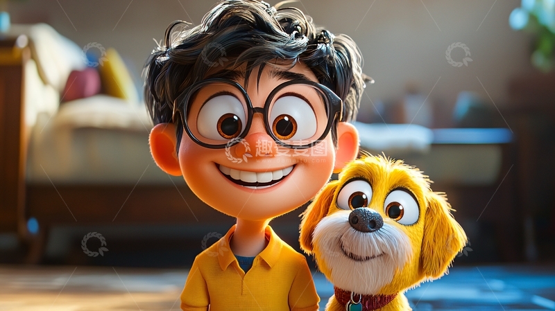 高清大图下载【趣麦麦图】戴眼镜男孩和黄色小狗