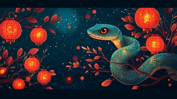 蓝绿小蛇缠绕枝头红灯笼